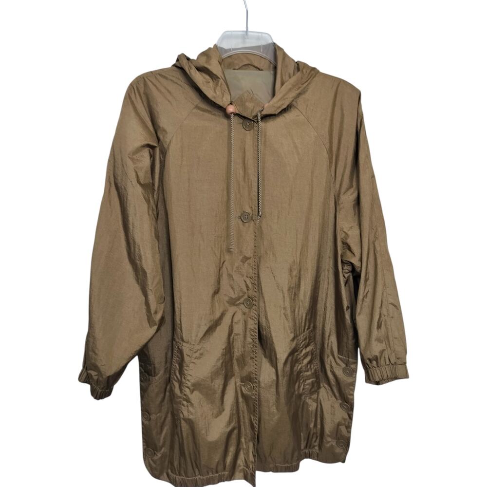 5483)Vtg Norm Thompson S Woman Gold Metallic Nylon Button Up Hood Anorak Jacket